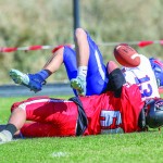 Riverside Senior Zack Kuntz causes a fumble on this tackle. He then recovered the ball to create a possession  turnover to the Rebels. Roxanne Peterson