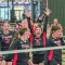 Riverside Rebels Volleyball team celebrates winning a match. (l-r) Hannah Suiter, Tenley Zierlein, Annabelle Brown and Whitley Godfrey. Stephanie Olson