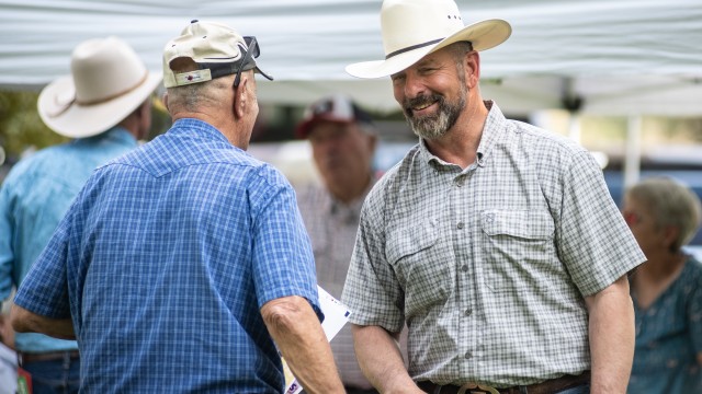 Running for governor, Eric Barlow speaks with constituents at the Politics of Public Land meeting in Shell Sunday, Aug. 9.  Avery Howe