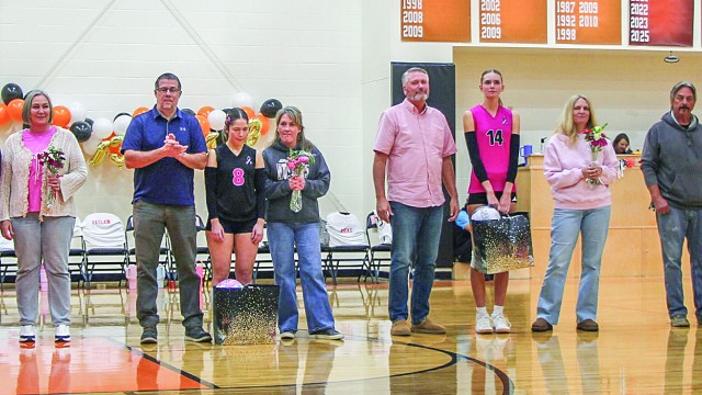 Burlington Girls VB Team Senior NIght. (l-r) Terry, Hannah and Frana Stanworth, Tony, Kate and Dana Preator, Matt, Sarah and Jackie McNiven, TK, Adison and Cheryl Haslam. Courtesy photo
